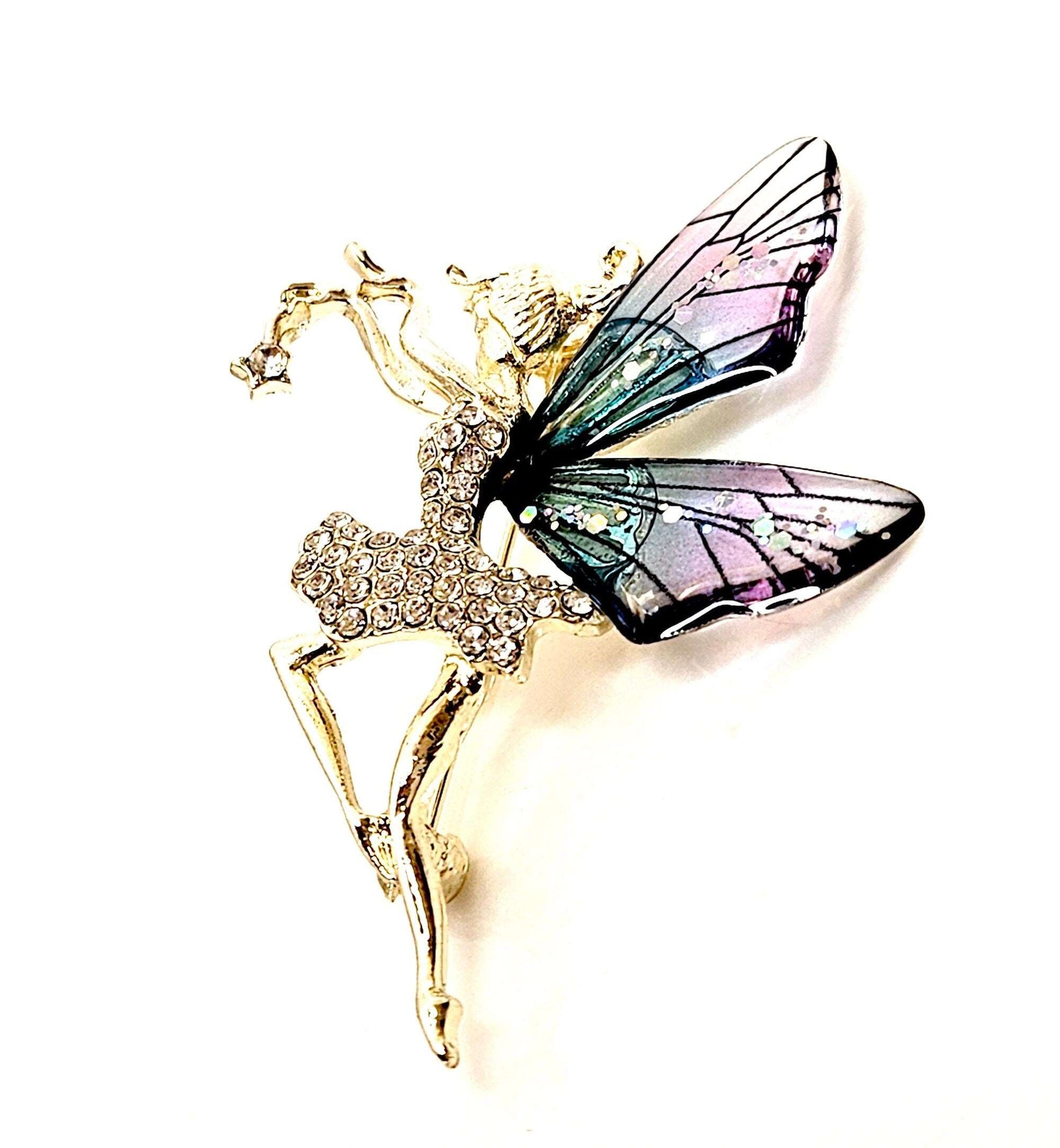 Beautiful Fairy Butterfly Brooch with Rainbow Wings, Fantasy Lovers Gift, Butterfly Crystal Jewelry, Stylish Fairy Pin, Brooches For Women