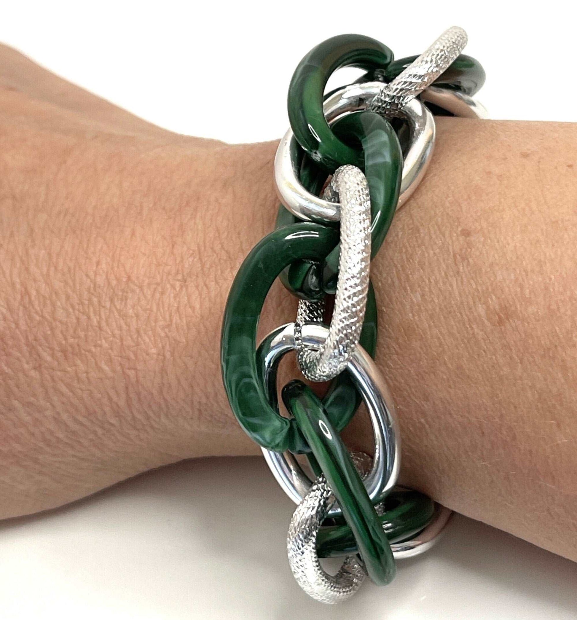 Green Silver Chain Bracelet, Chunky Statement Bracelet, Textured Jewellery, Retro Acrylic Jewellery, Bracelets for Women
