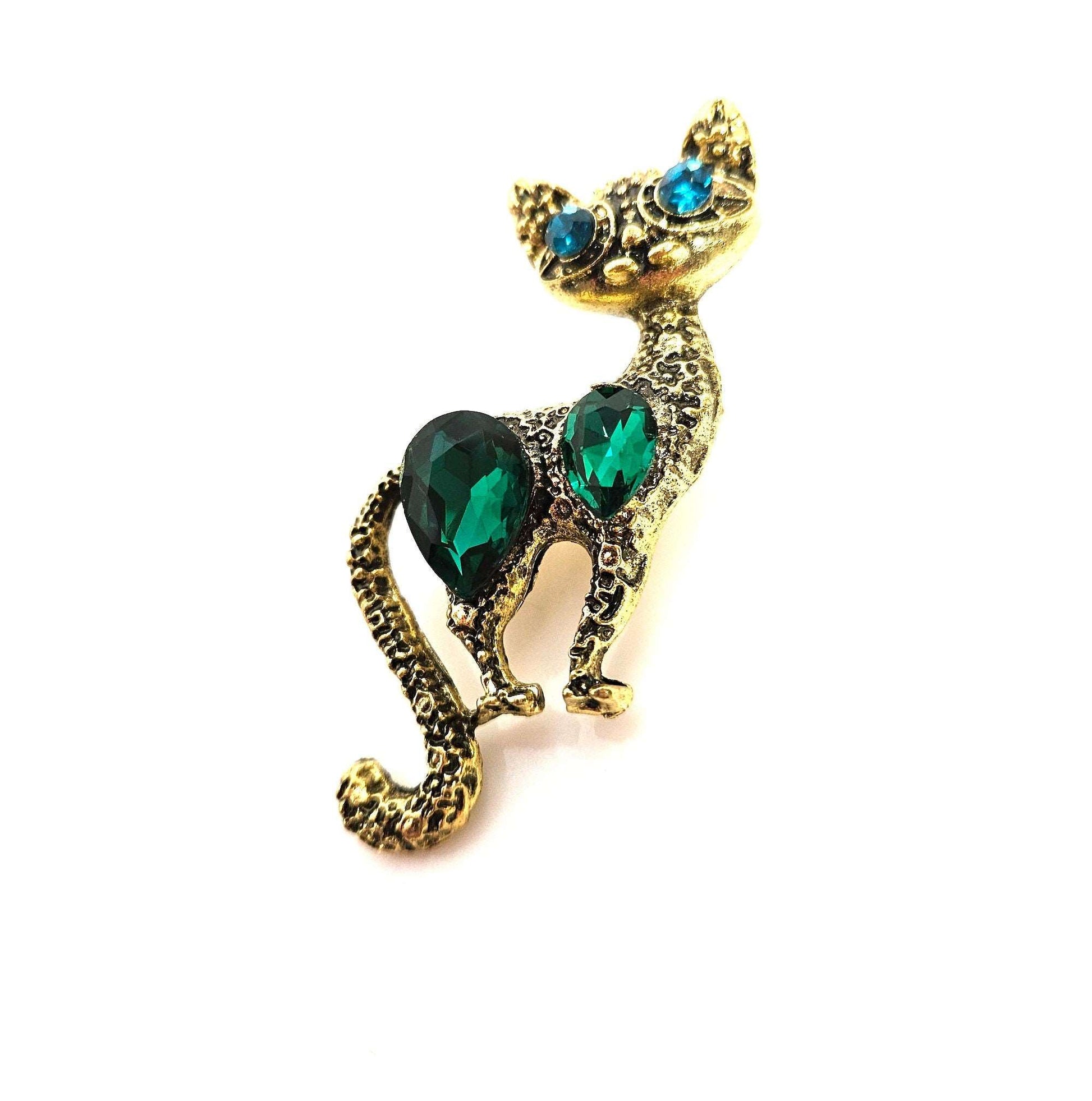 Gold Vintage Cat Brooch, Gift for Cat Lovers, Rhinestone Cat, Green Crystal Cat Pin, Brooches For Women