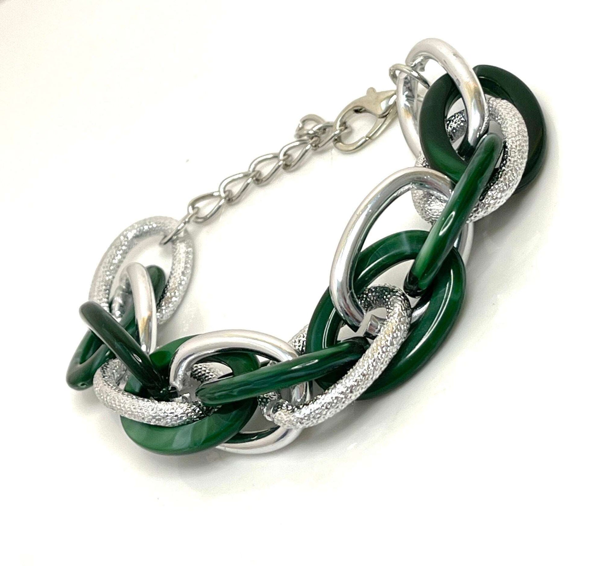 Green Silver Chain Bracelet, Chunky Statement Bracelet, Textured Jewellery, Retro Acrylic Jewellery, Bracelets for Women