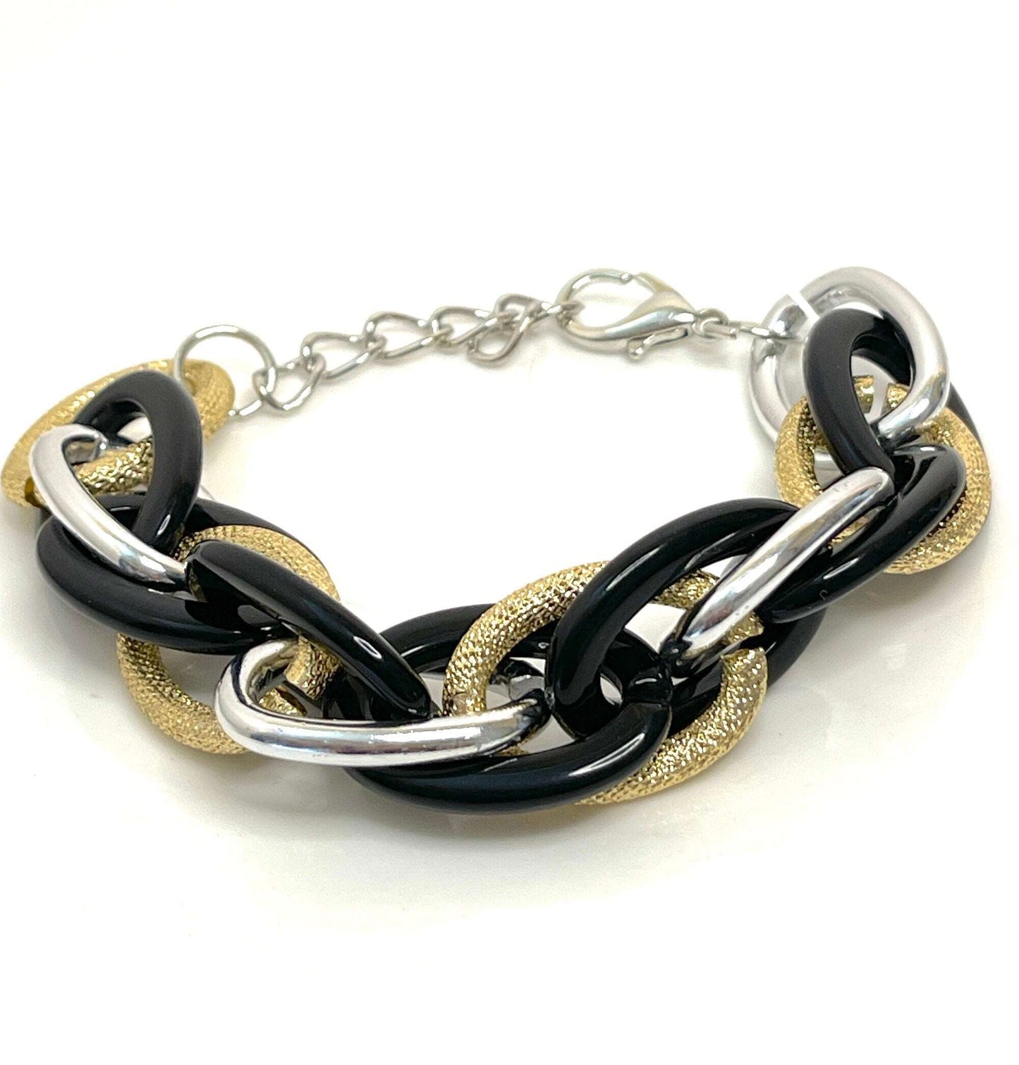 Black Silver and Gold Chunky Chain Bracelet, Statement Bracelet, Textured Jewellery, Retro Acrylic Jewellery, Bracelets for Women