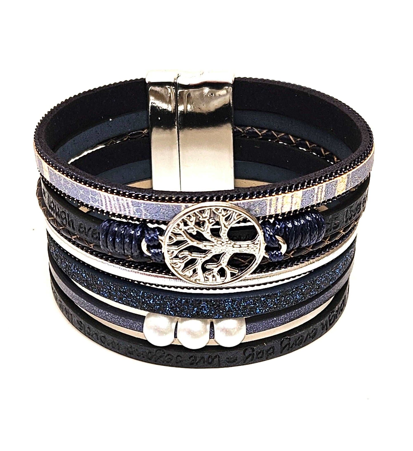 Black Blue Wide Multi Strand Bracelet, Tree of Life Chunky Statement Bracelet, Mixed Material Bracelet, Boho Beaded Bracelets for Women
