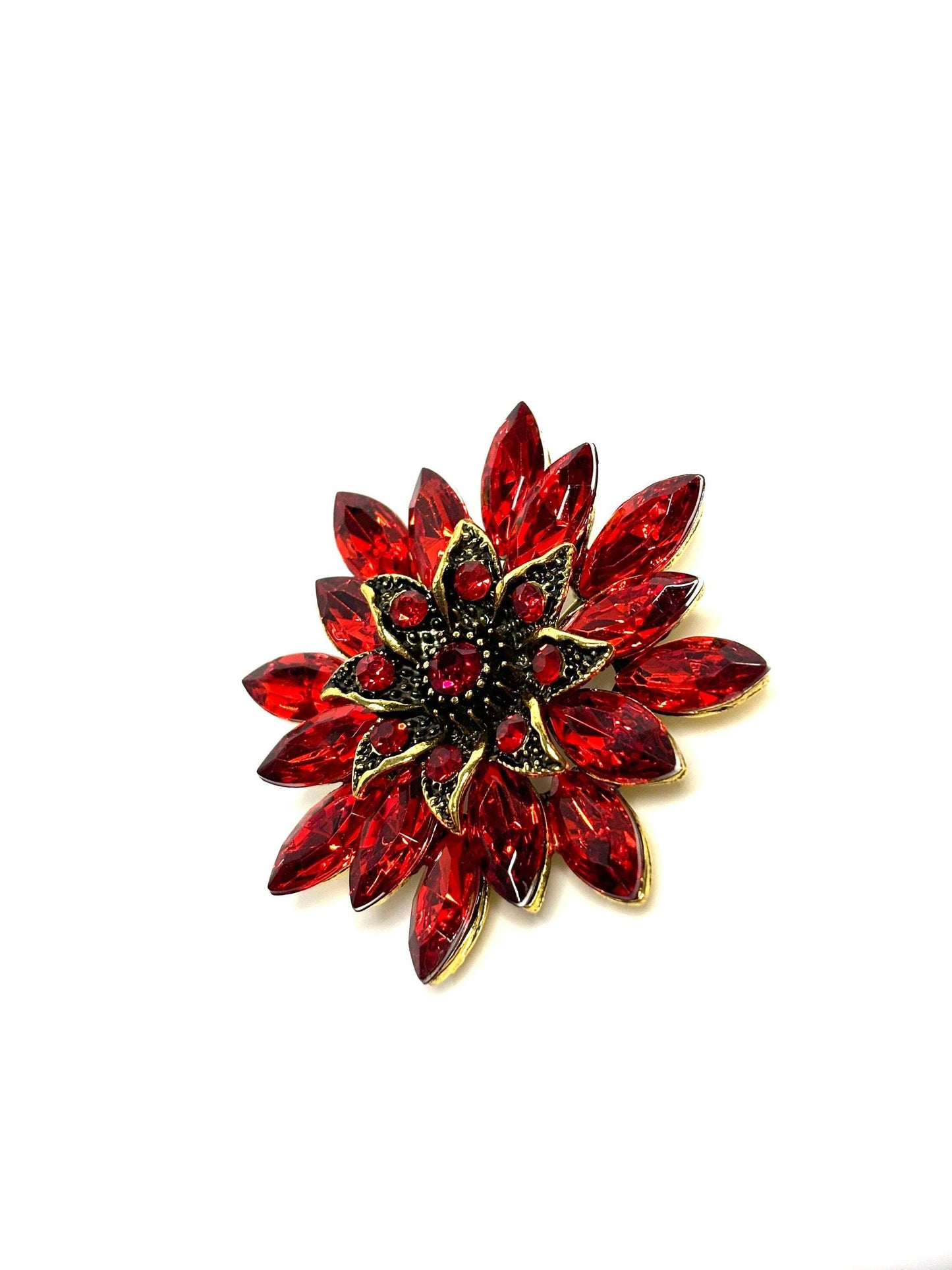 Large Red Stone Garland Brooch, Vintage Gold Flower Brooch, Crystal Flower Pin, Statement Pin, Brooches For Women