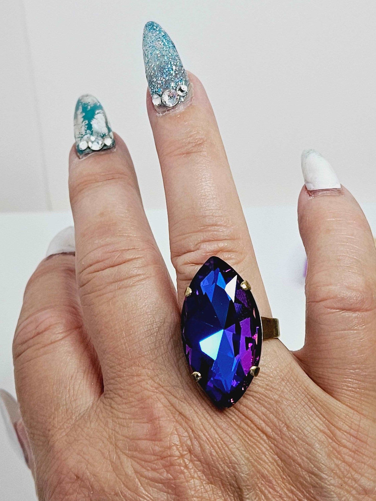 Violet Blue Crystal Ring, Large Purple Blue Statement Ring, Antique Brass, Georgian Collet, Vintage Style, Rings For Women, Dark Red Navette