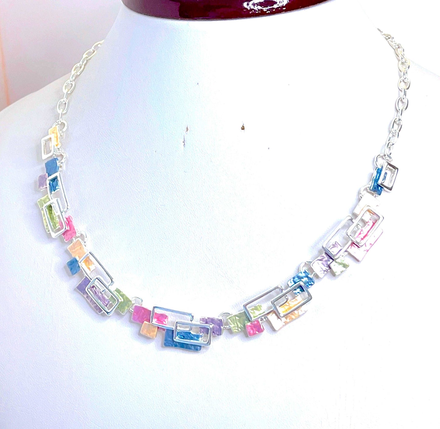 Multicolour Geometric Silver Necklace, Modern Style Jewellery, Pastel Enamel Jewelry, Rainbow Jewellery,Necklaces for Women