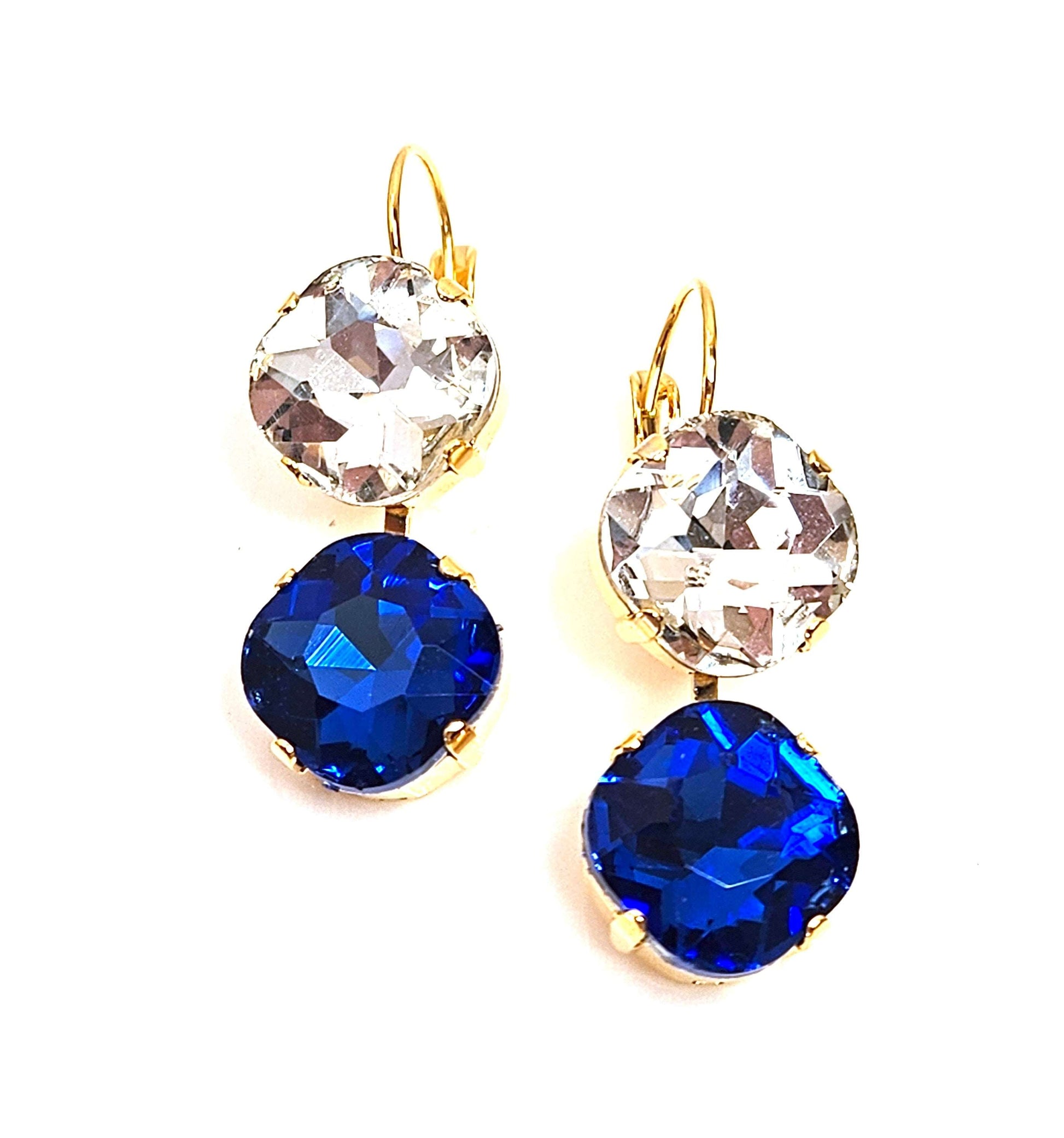 Sapphire Blue Crystal Earrings, Crystal Drops, Dark Blue Clear Dangles, Gold Plated Earrings, Statement Earrings For Women