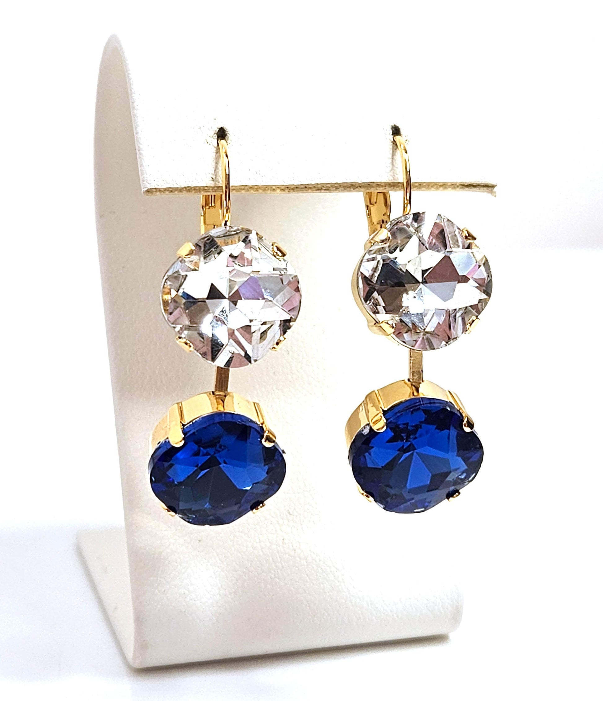 Sapphire Blue Crystal Earrings, Crystal Drops, Dark Blue Clear Dangles, Gold Plated Earrings, Statement Earrings For Women