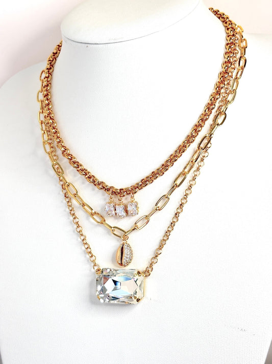 Gold Layered Chain Necklace Set | Crystal Statement Jewellery | CZ Cowrie Shell | Multi Chain Chokers