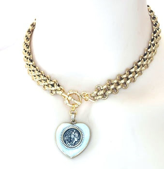 Chunky Gold Heart Coin Necklace | Stainless Steel Choker | Statement Medallion | Chain Jewellery | Greek Style Coin Choker