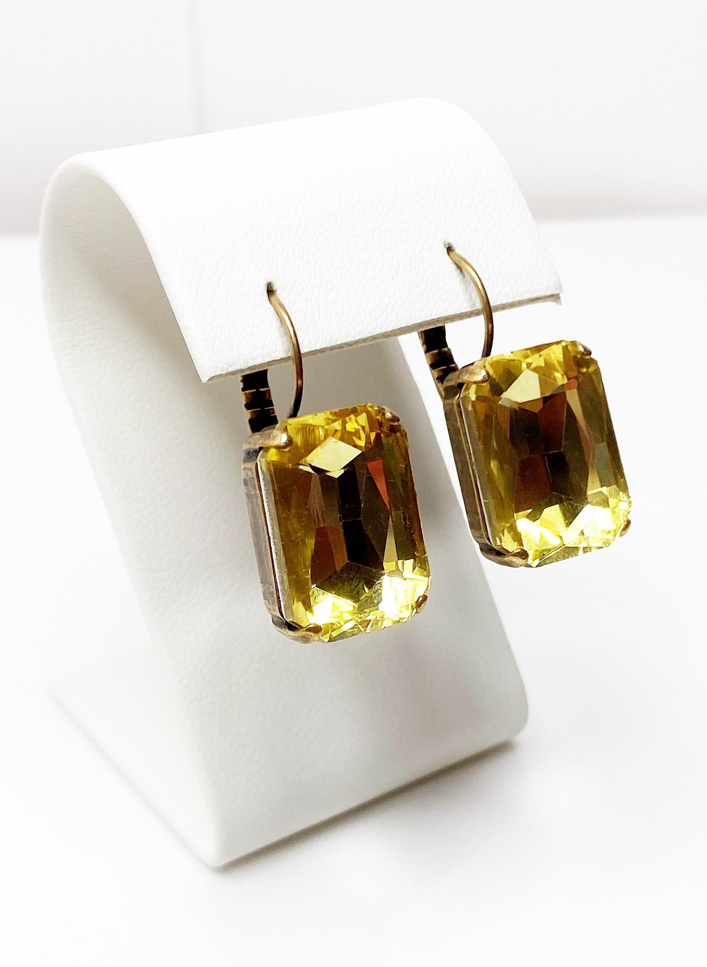 Citrine Lemon Crystal Earrings, Yellow Octagon Dangles, Rhinestone Drops, Earrings for Women, Statement Drops, Antique Brass, Georgian