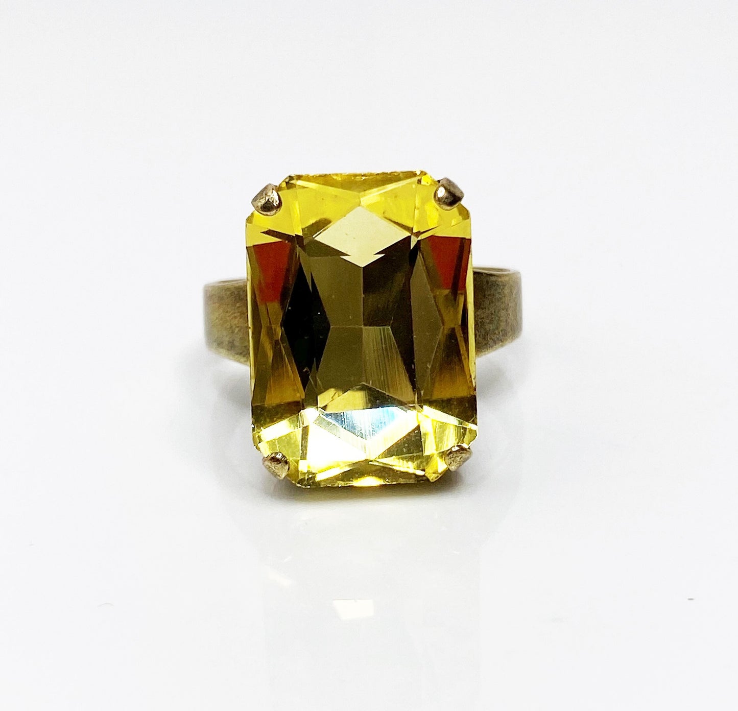 Yellow Crystal Rectangle Statement Ring | Antique Brass | Georgian Style
