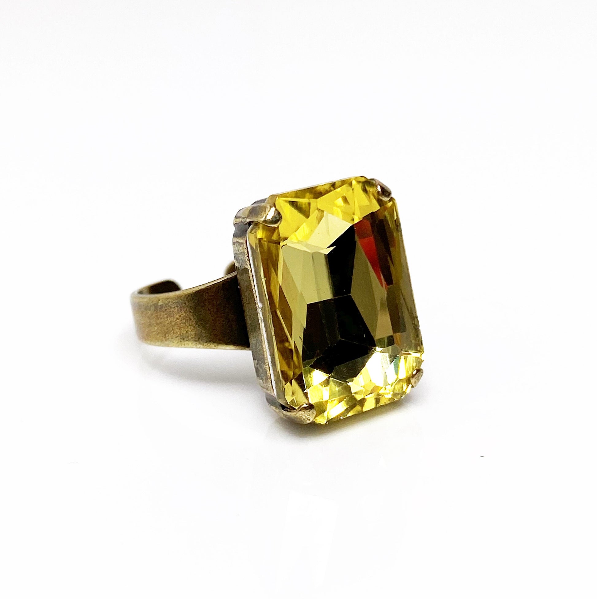 Yellow Crystal Rectangle Statement Ring | Antique Brass | Georgian Style