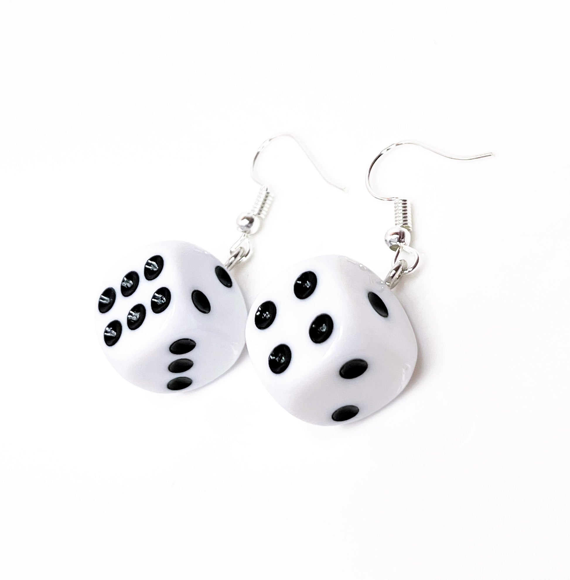 White Dice Earrings, Silver Plated, Sterling Silver, Quirky Earrings, Funky Drops, Earrings for Women, Fun Game Dangles, Game Lovers Drops