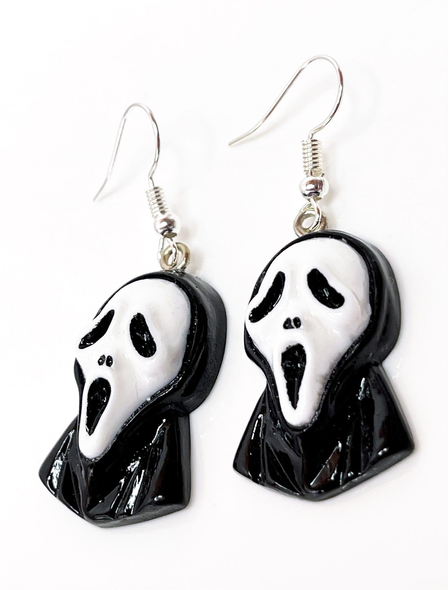 Scream Ghost Face Earrings, Silver Plated, Sterling Silver, Novelty Charm Dangles, Funky Resin Drops, Earrings for Women, Gothic Drops