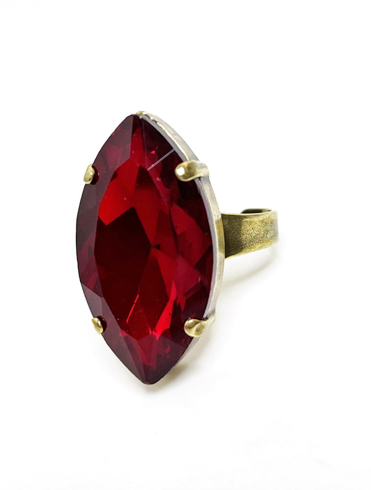 Red Siam Crystal Ring | Large Red Statement Ring | Antique Brass