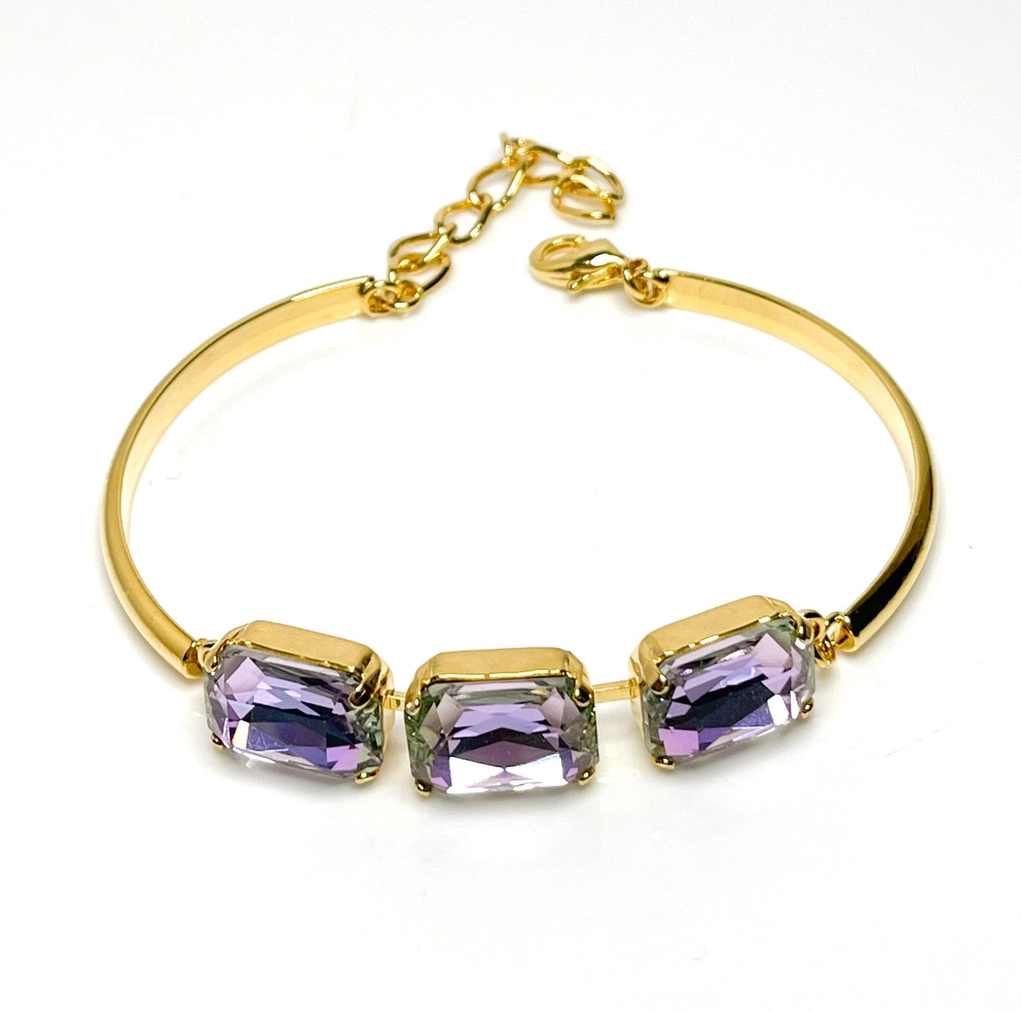 Purple Crystal Bracelet, 14 x 10mm Octagon, 3 Stone Cuff, Vitrail Light Bangle Bracelet, Gold Plated, Adjustable, Bracelets for Women
