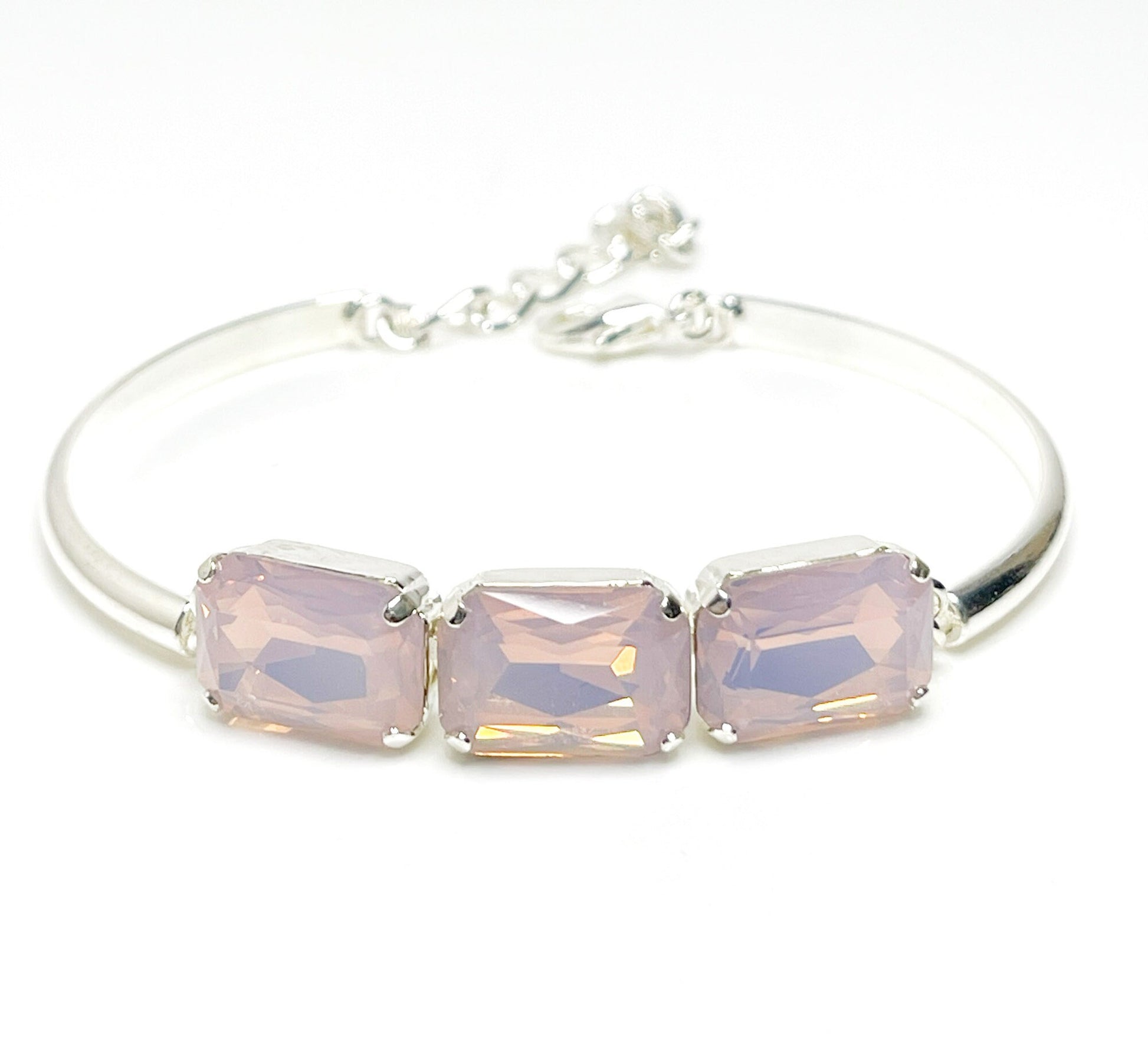 Pink Opal Crystal Bracelet, 14 x 10mm Octagon, 3 Stone Cuff, Pink Stone Bangle Bracelet, Silver Plated, Adjustable, Bracelets for Women