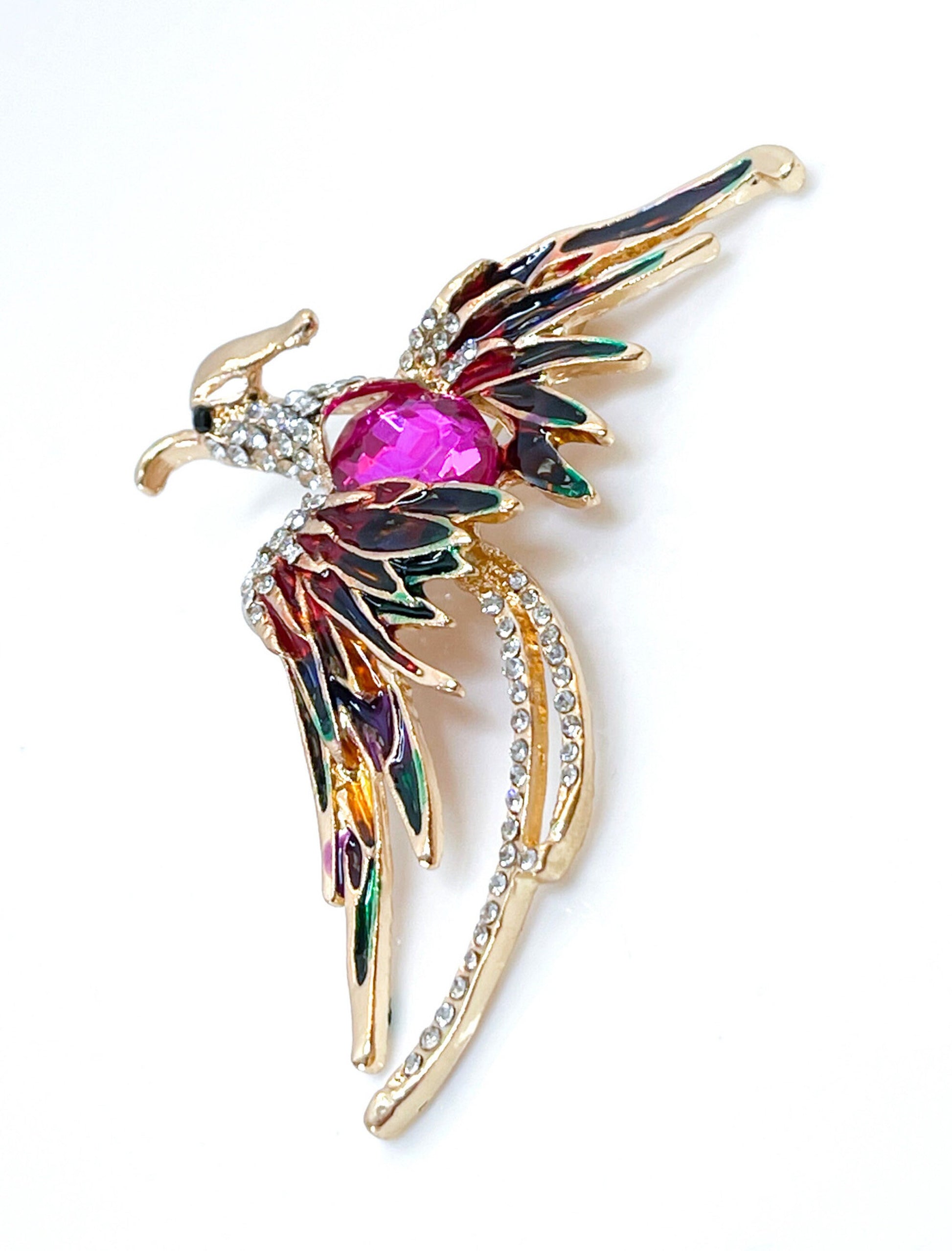 Phoenix Enamel Brooch with Crystal, Fantasy Fashion Brooch, Mythological Bird, Immortal Flame Bird, Brooches for Women, Unisex Pin