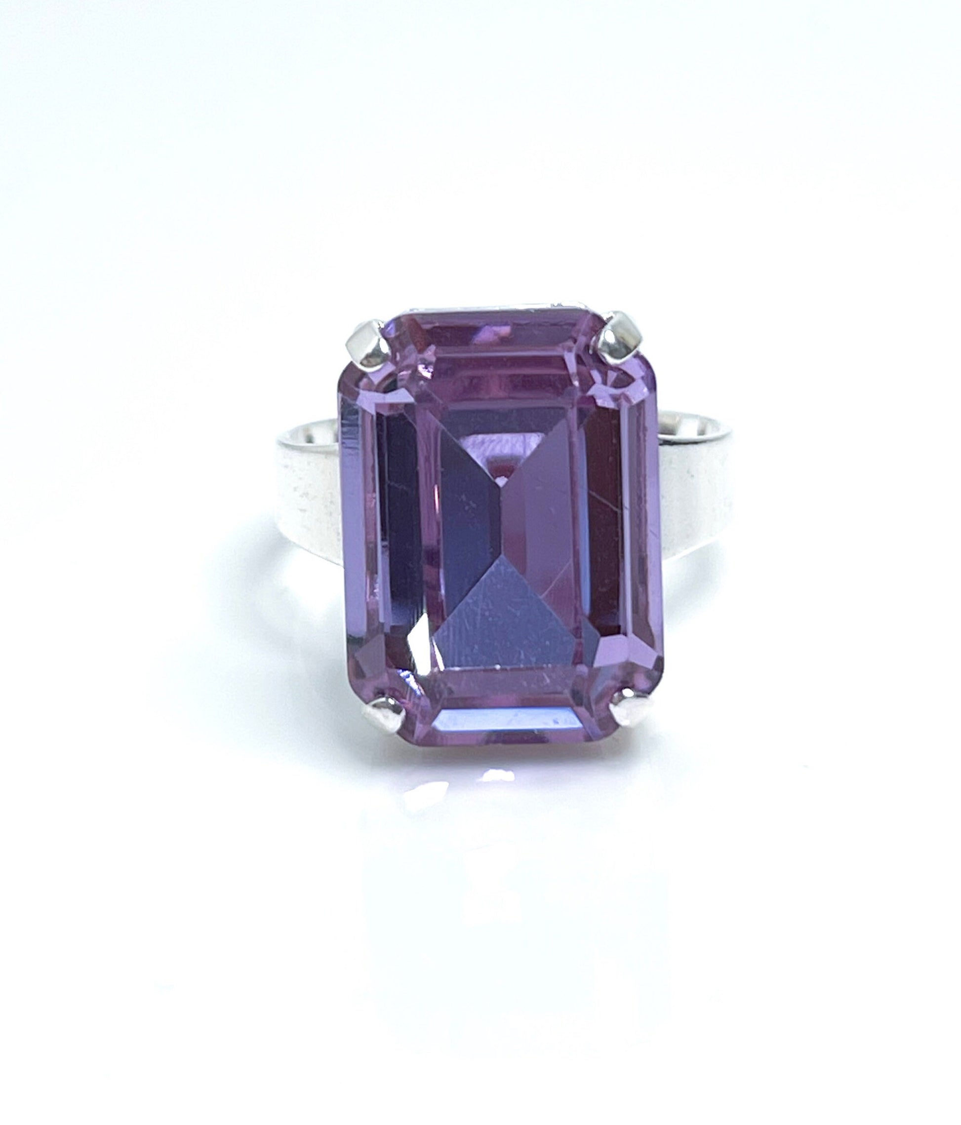 Violet Crystal Ring, Large Purple Ring, Silver Plated, Georgian Collet, Rectangle Statement Rings For Women