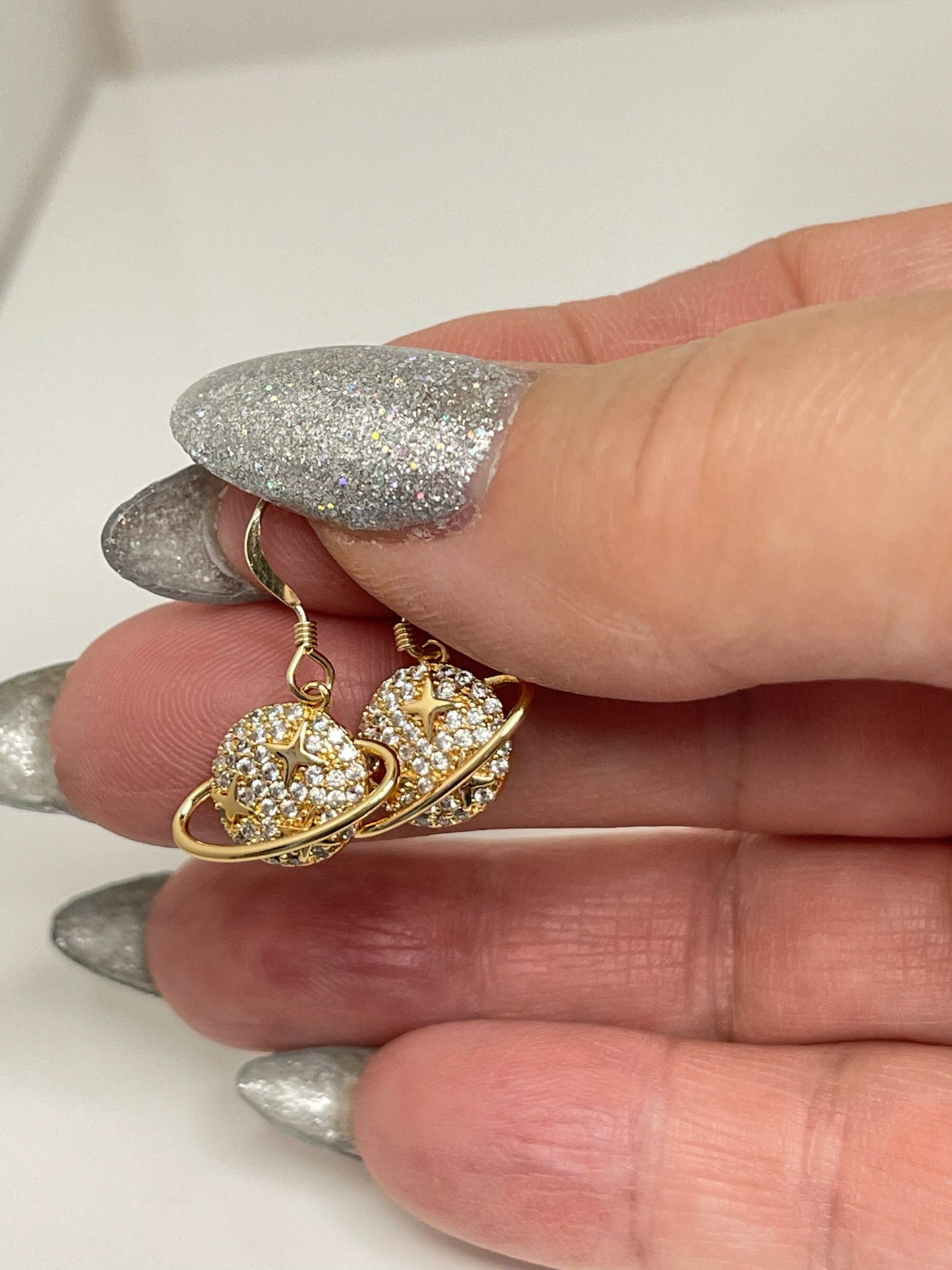 Gold Saturn Stars Earrings | Dainty CZ Celestial Jewellery
