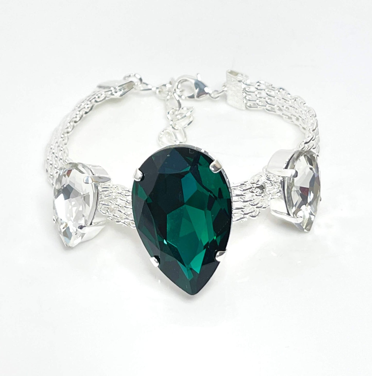 Emerald Crystal Silver Mesh Bracelet, Large Teardrop Cuff, Statement Jewellery, Georgian Style Bracelet, Bracelets for Women