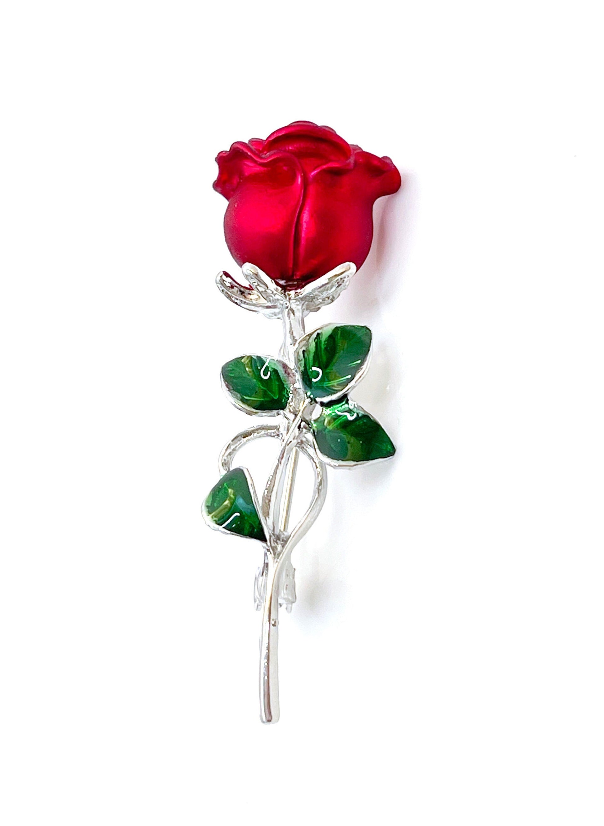 Pretty Single Red Rose Brooch, Red Silver Rose with Green Leaves, Flower Jacket Pin, Brooches For Women