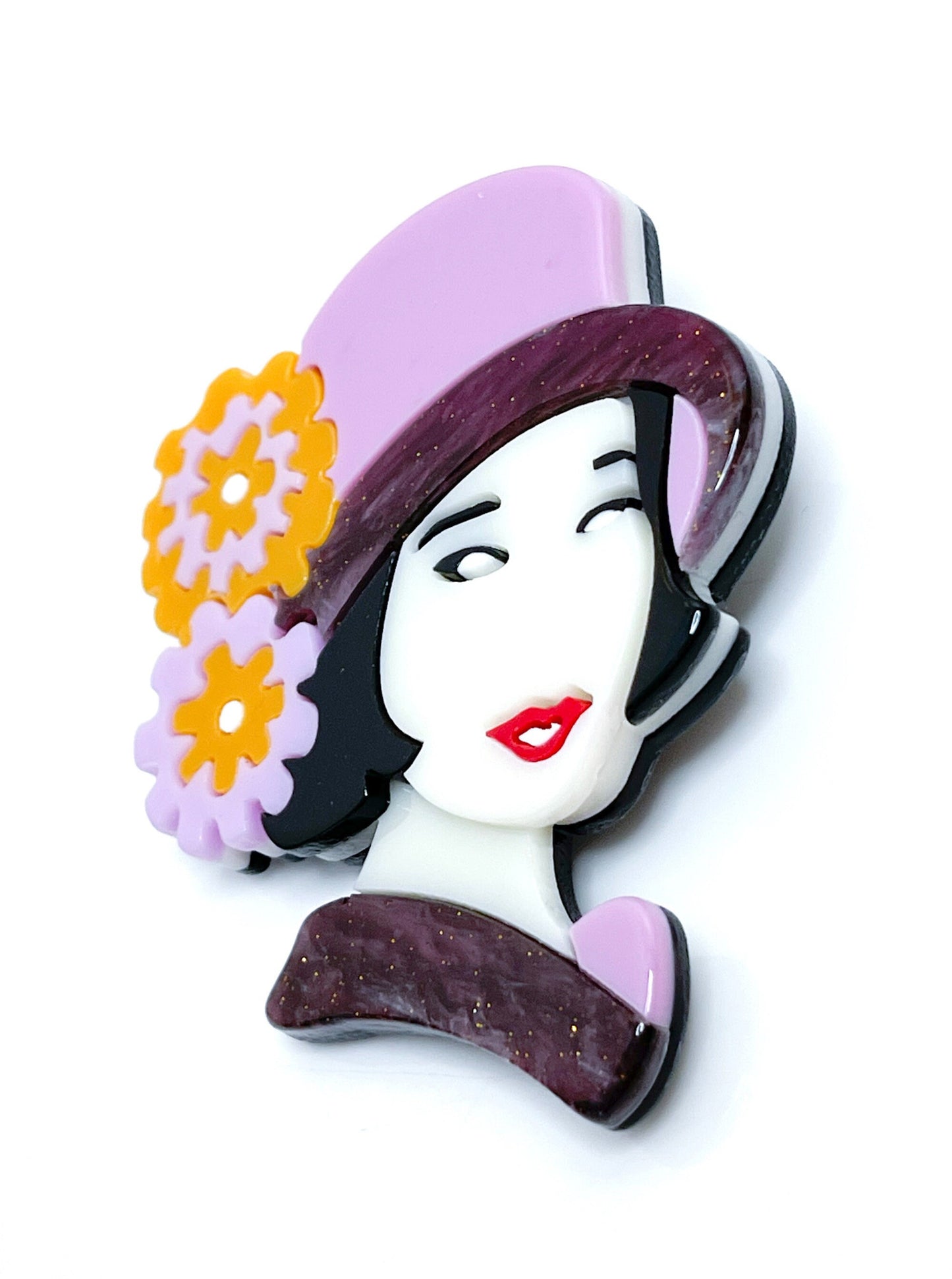 1920's Lady Brooch, Stylish Lady in Hat with Flowers Pin, Fashion Pin for Jacket Scarf, Art Deco Lady Pin, Brooches For Women