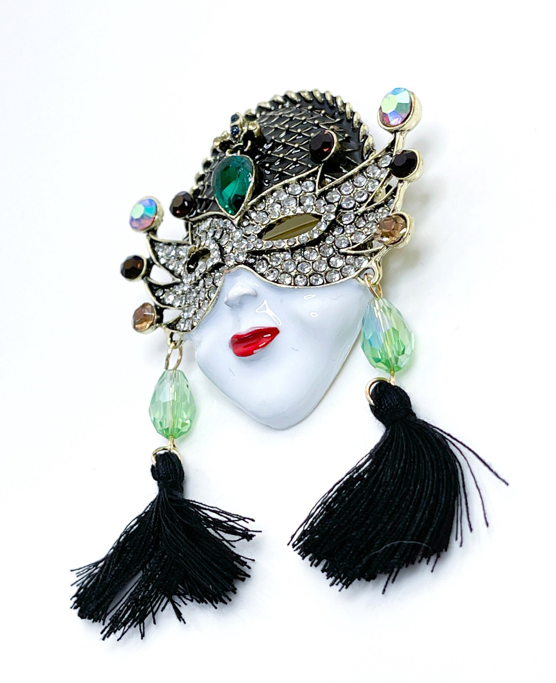 White Face with Mask and Tassels Brooch | Stylish Mask Pin | Fashion Pin for Jacket Scarf 
