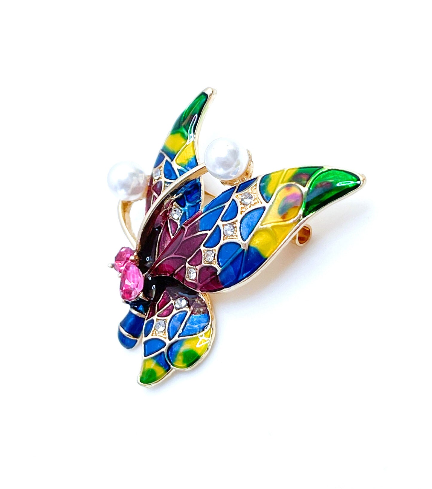 Pretty Multicolour Butterfly Brooch | Butterfly with Pearls | Enamel Jacket Pin