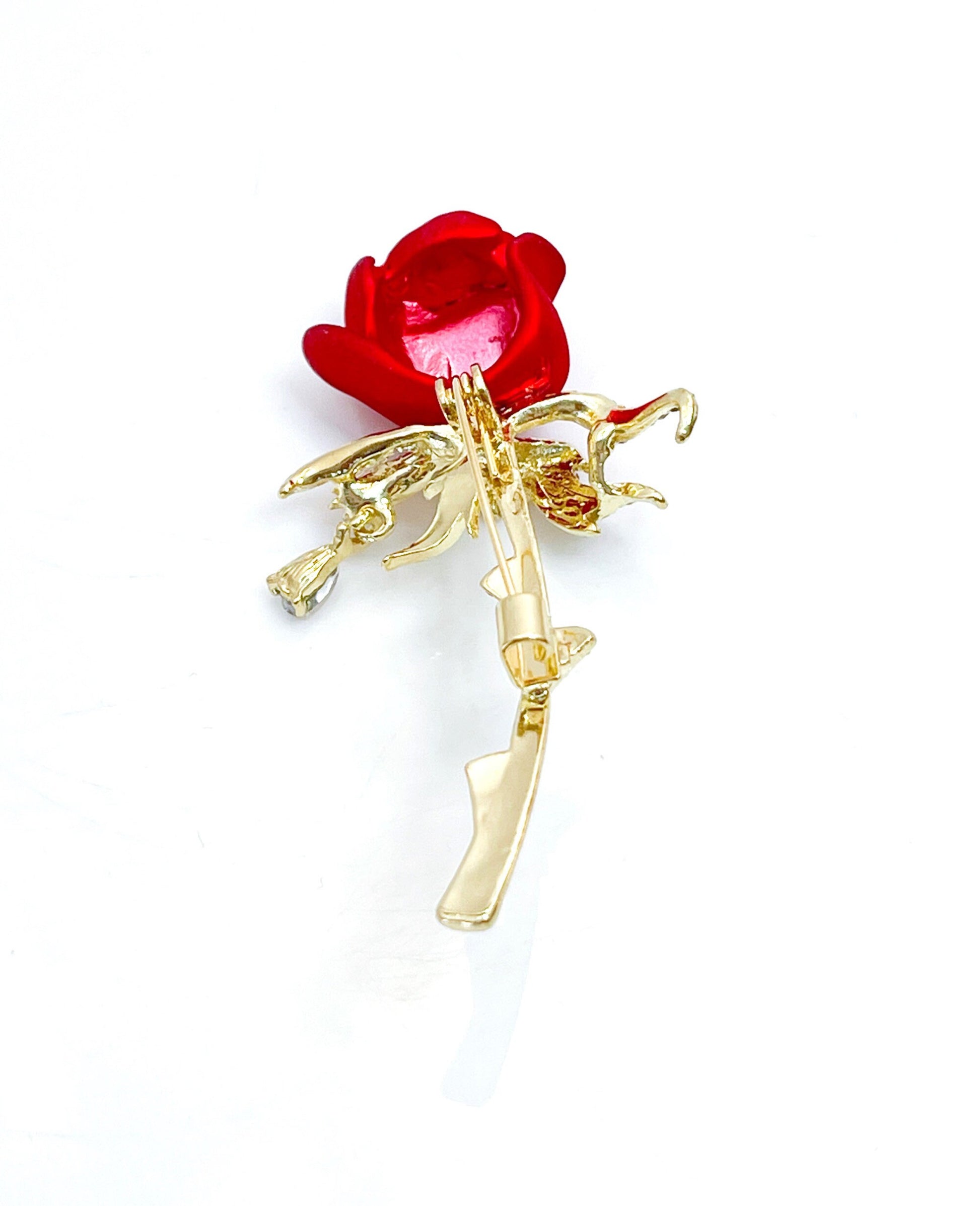 Pretty Single Red Rose Brooch | Red Gold Rose with Crystal Teardrop | Flower Jacket Pin