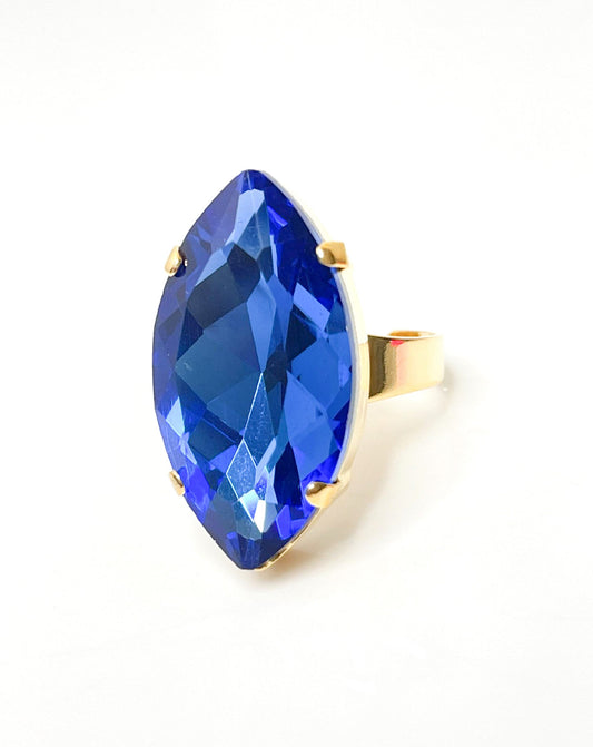 Light Sapphire Crystal Ring, Large Blue Statement Ring, Silver Plated, Georgian Collet, Vintage Style, Rings For Women, Blue Navette