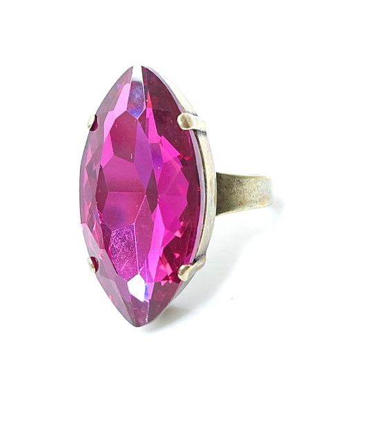 Fuchsia Pink Crystal Ring, Large Pink Statement Ring, Antique Brass, Georgian Collet, Vintage Style, Rings For Women, Violet Navette