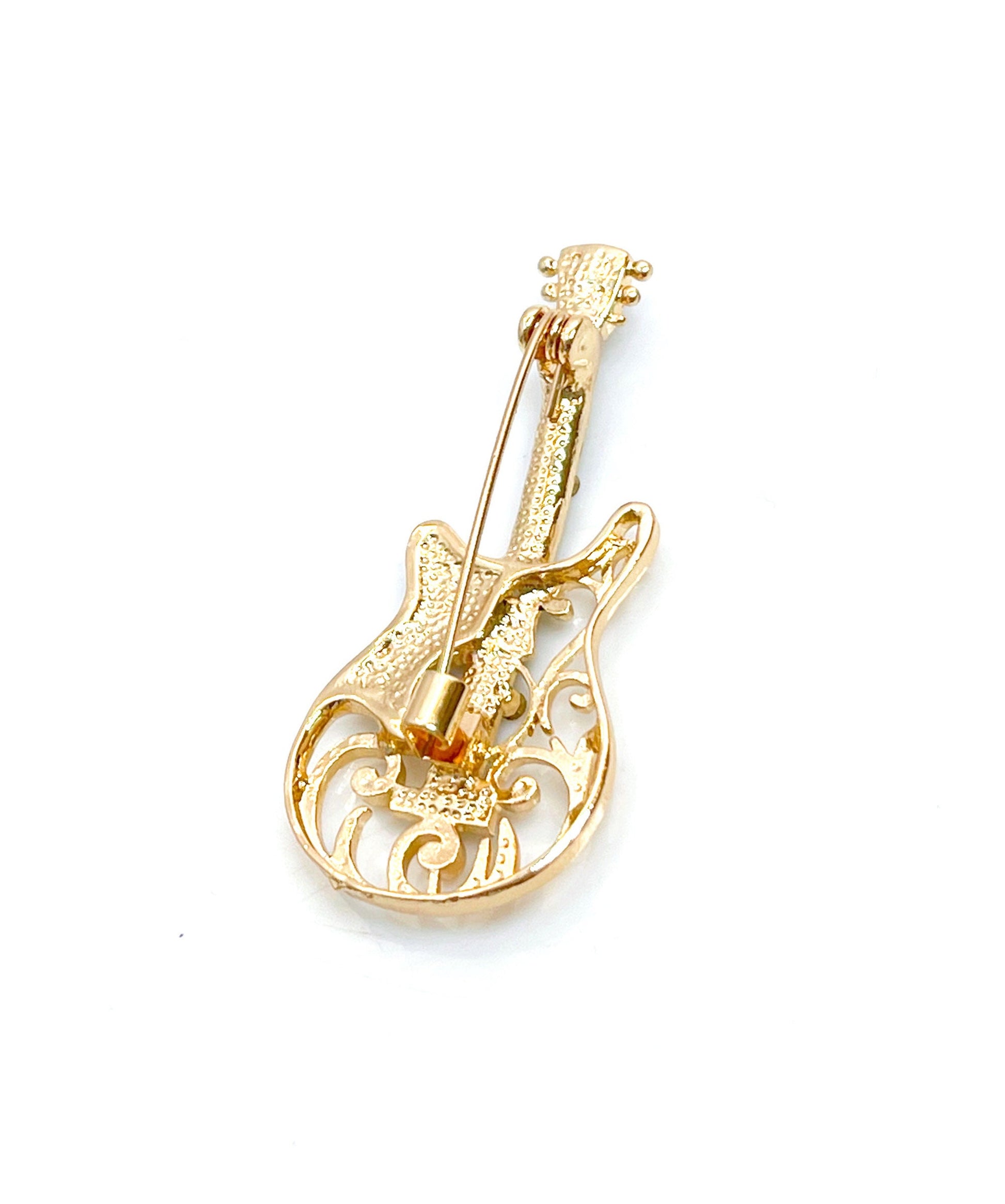 Gold Crystal Guitar Brooch, Filigree Fashion Brooch, Unisex Jewellery, Music Lovers Brooch, Rockers Pin, Guitar Lovers Gift