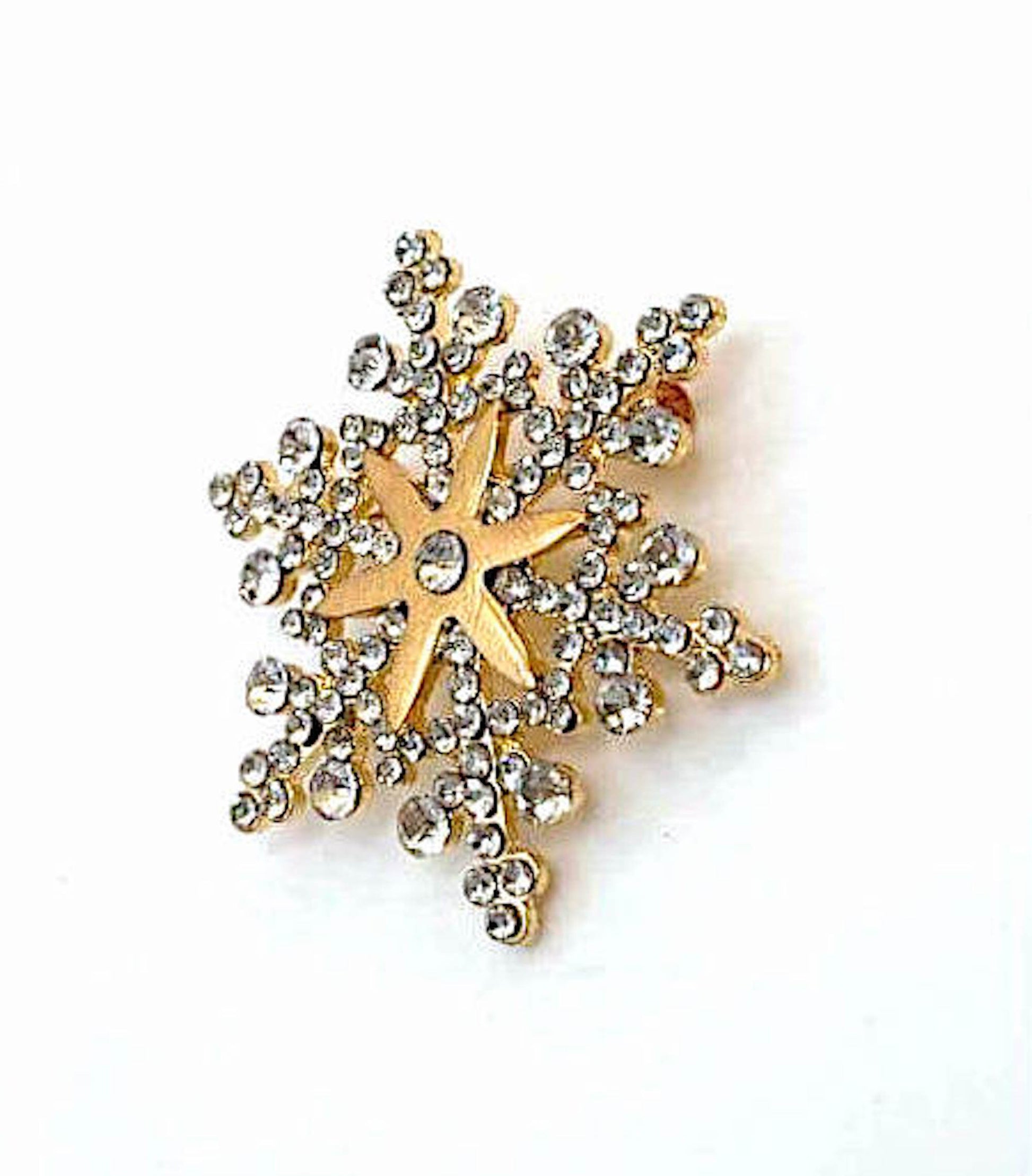 Gold Crystal Snowflake Brooch, Seasonal Pin | Sparkly Christmas Brooch