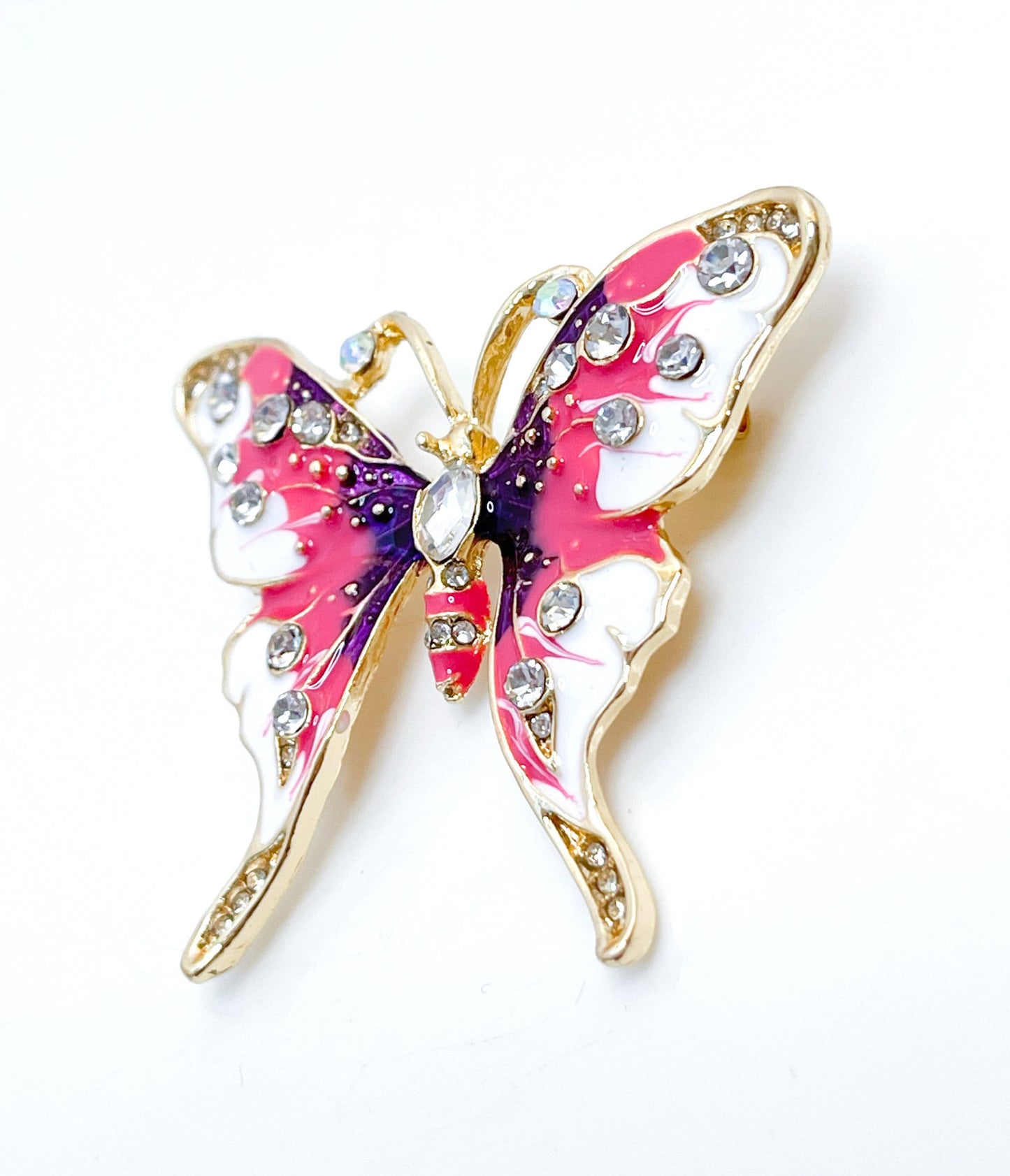 Pretty Pink Butterfly Brooch | Pink White and Purple Butterfly with Crystals | Sparkly Jacket Pin