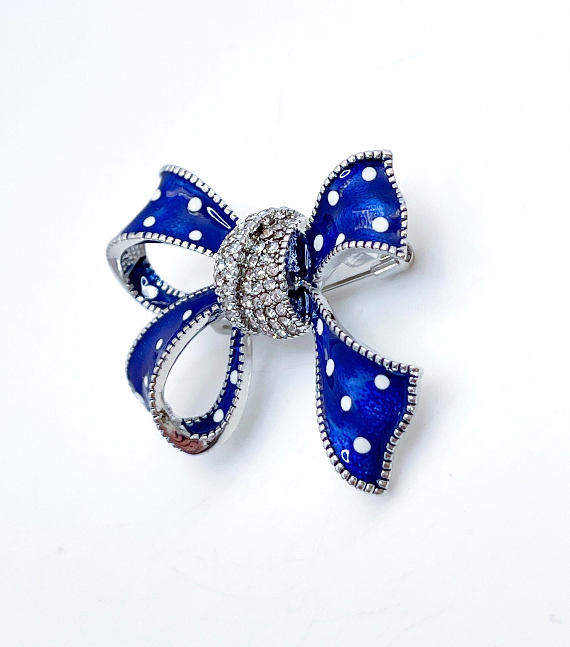 Vintage Style Blue Crystal Spotted Bow Brooch | Rhinestone Crystal Ribbon Pin