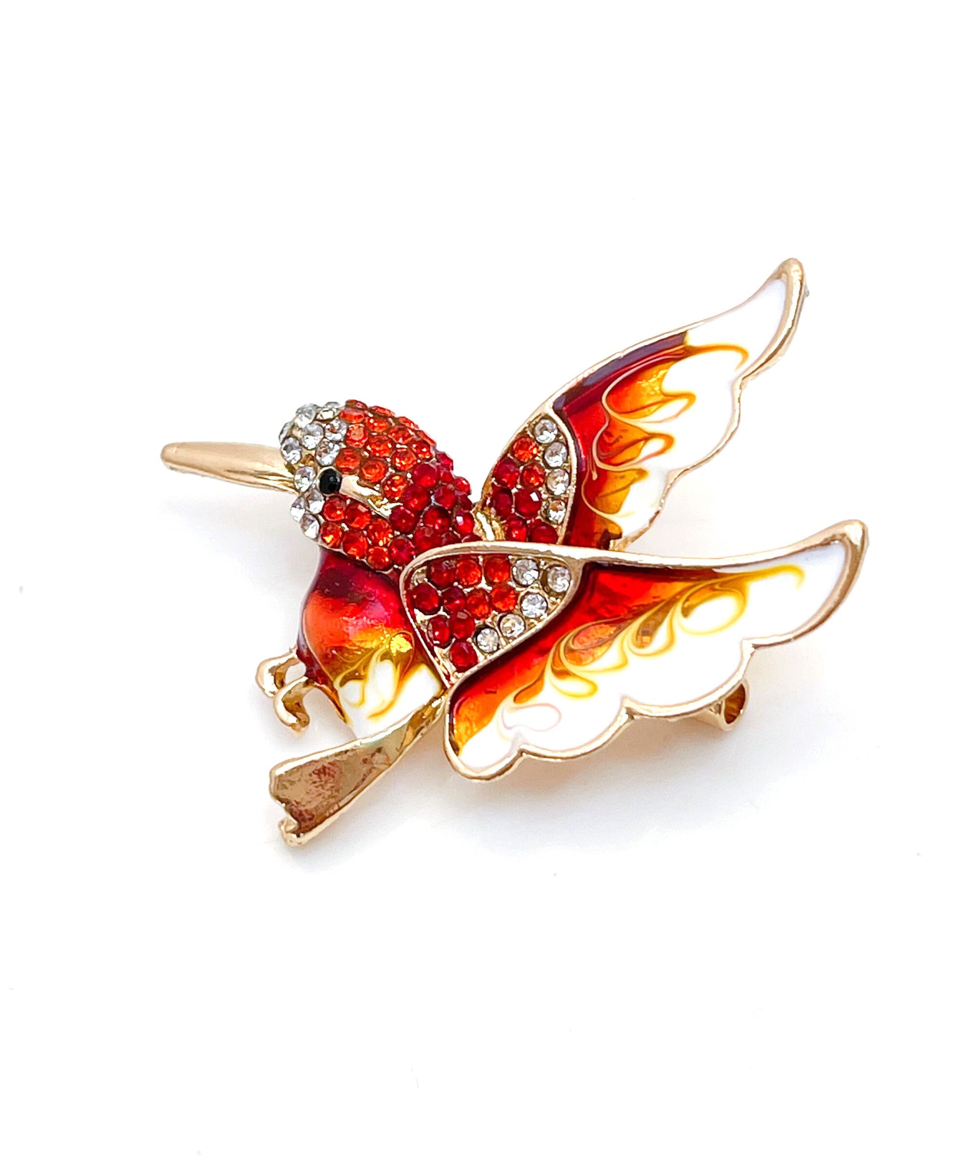 Red Hummingbird Brooch | Gift for Bird Lovers | Red and Gold Hummingbird | Cute Bird Pin