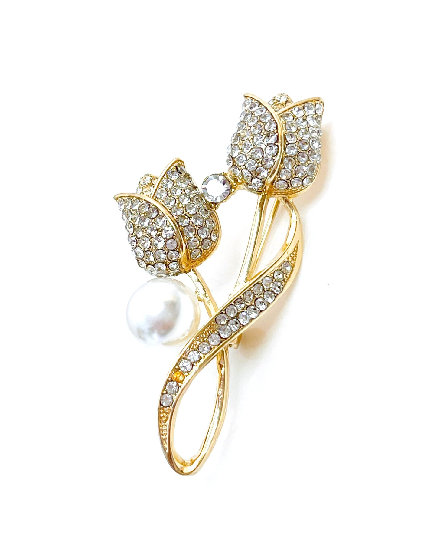 Pretty Crystal Tulip Brooch, Gold Tulip with Pearl and Crystals, Flower Jacket Pin, Brooches For Women