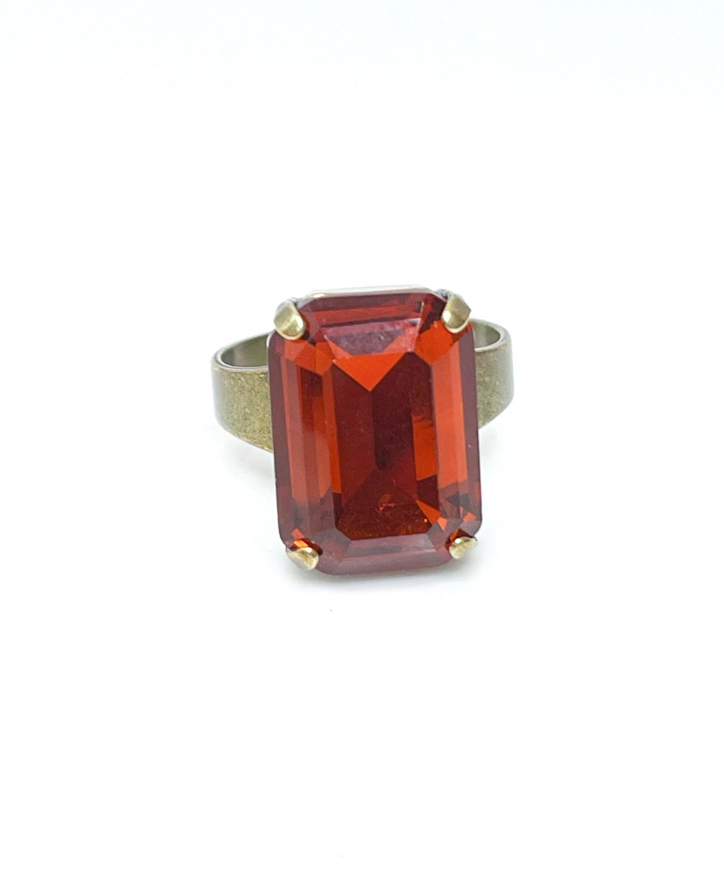Tangerine Crystal Ring, Large Burnt Orange Octagon Ring, Antique Brass, Georgian Collet, Rectangle Statement Rings For Women