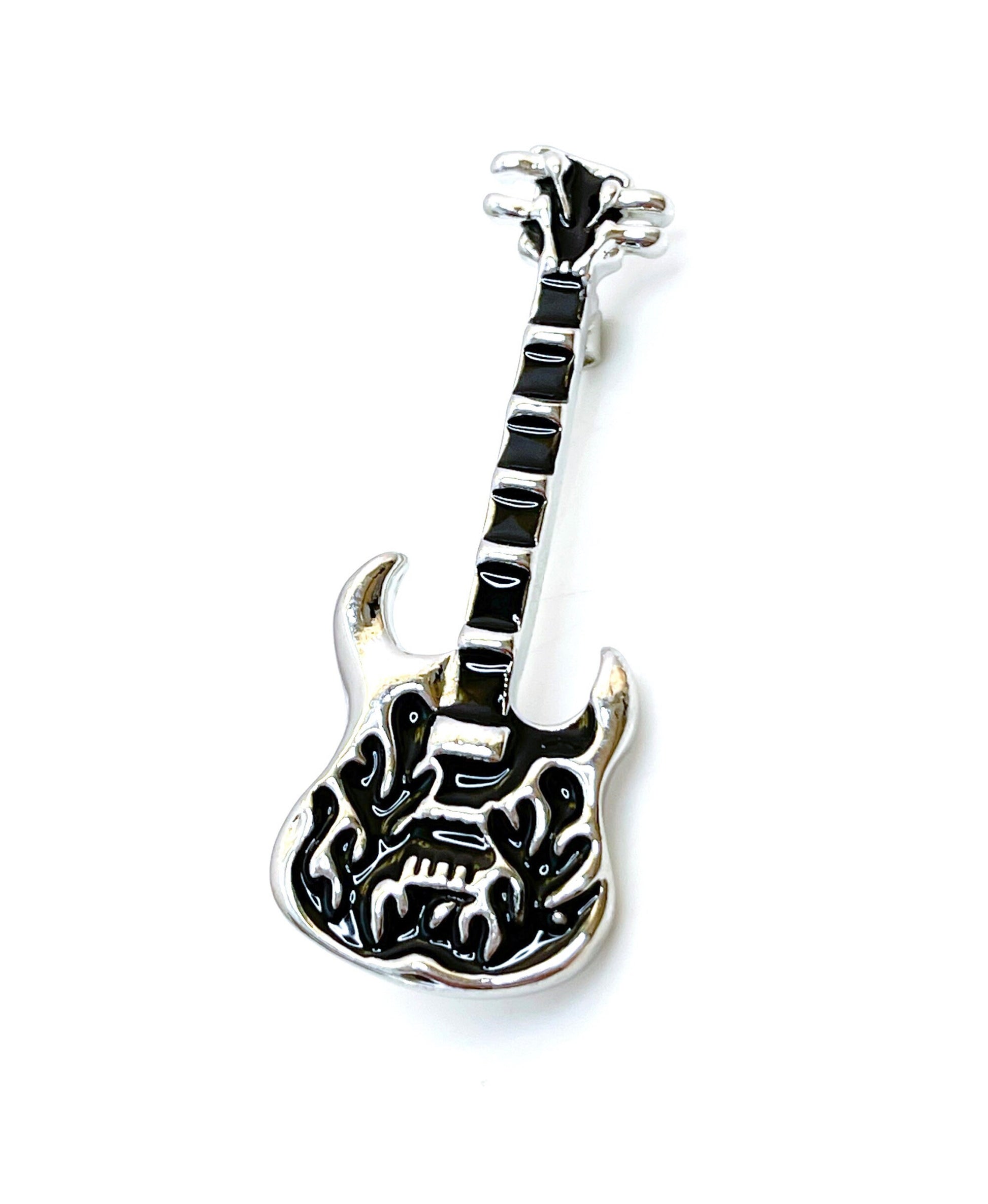 Black Silver Flame Guitar Brooch | Unisex Music Lovers Gift