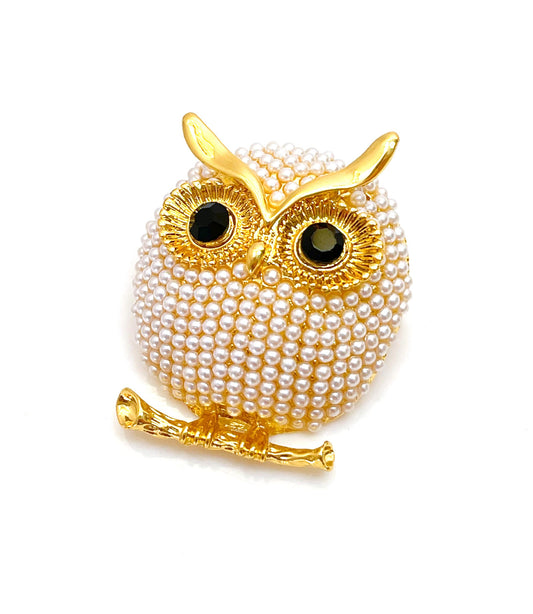 Cute Vintage Style Owl Brooch | Rhinestone Crystal Pin | Owl With Pearls