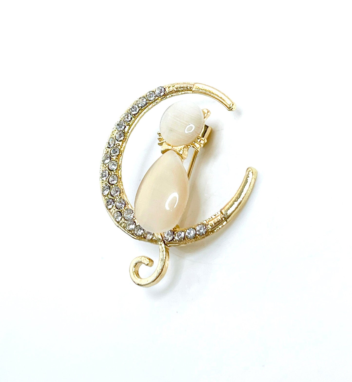 Gold Cat on the Moon Brooch, Opal Cat Pin, Dainty Crystal Cat Jewelry, Animal Lovers, Pet Lovers, Pin for Scarf Jacket, Brooch for Women
