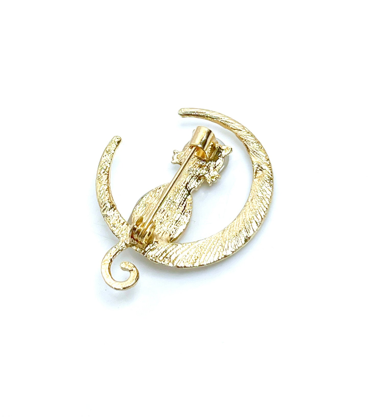 Gold Cat on the Moon Brooch, Opal Cat Pin, Dainty Crystal Cat Jewelry, Animal Lovers, Pet Lovers, Pin for Scarf Jacket, Brooch for Women