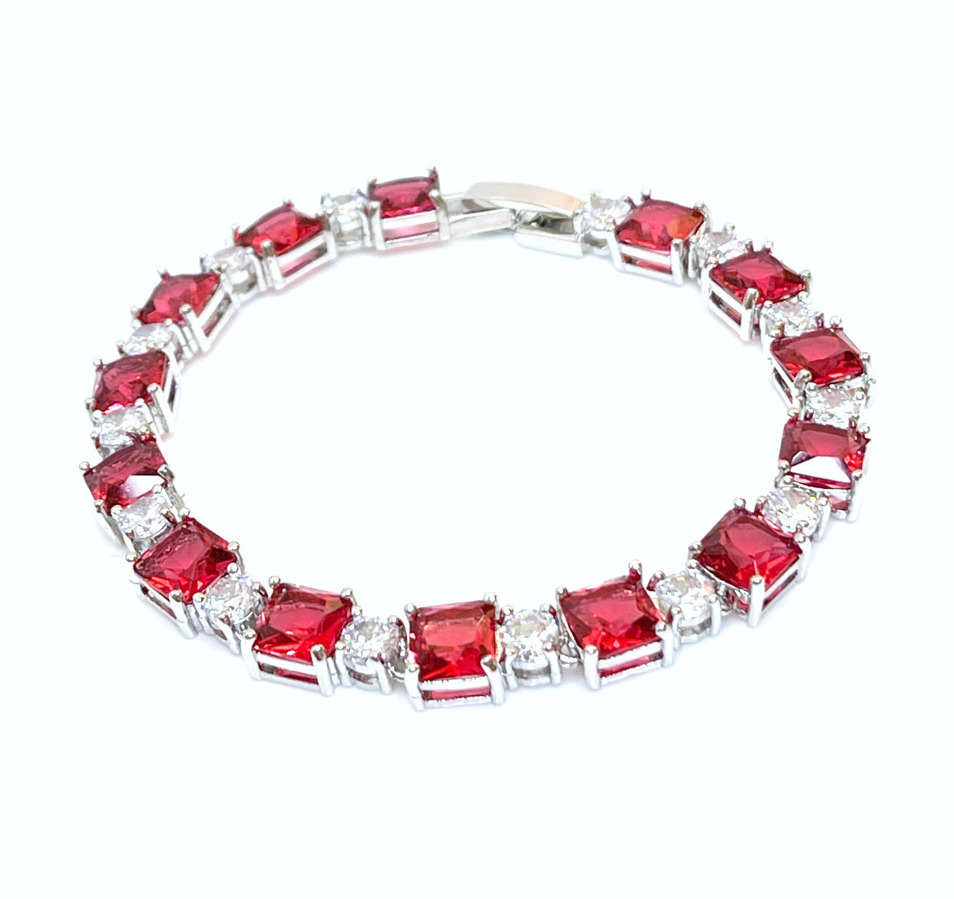 Ruby Crystal Bracelet | Silver Plated | Adjustable Bracelet, CZ Clear Red Crystal Chain, Bracelets for Women