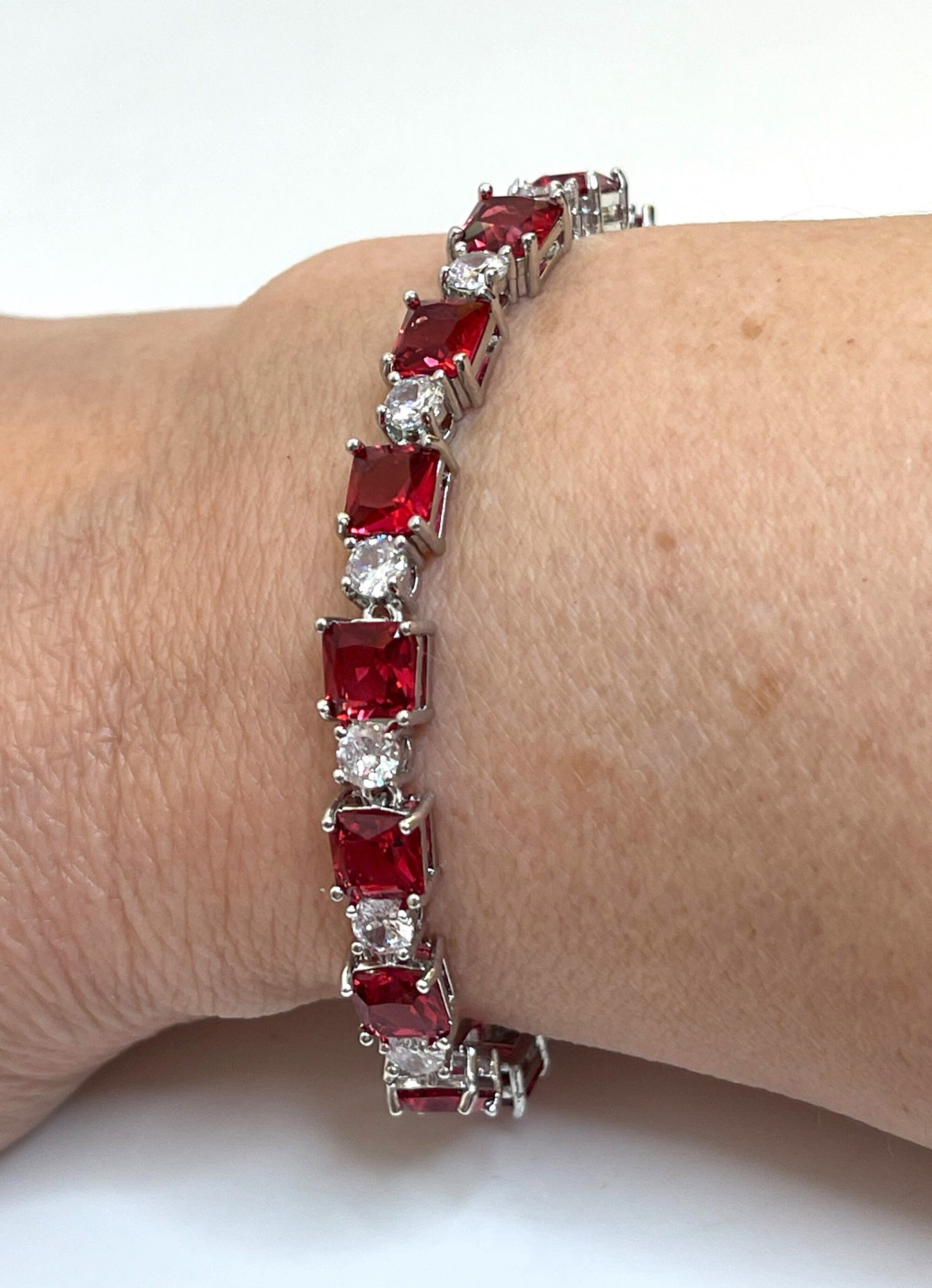 Ruby Crystal Silver Bracelet | Silver Plated, Adjustable Bracelet, CZ Clear Red Crystal Chain, Bracelets for Women