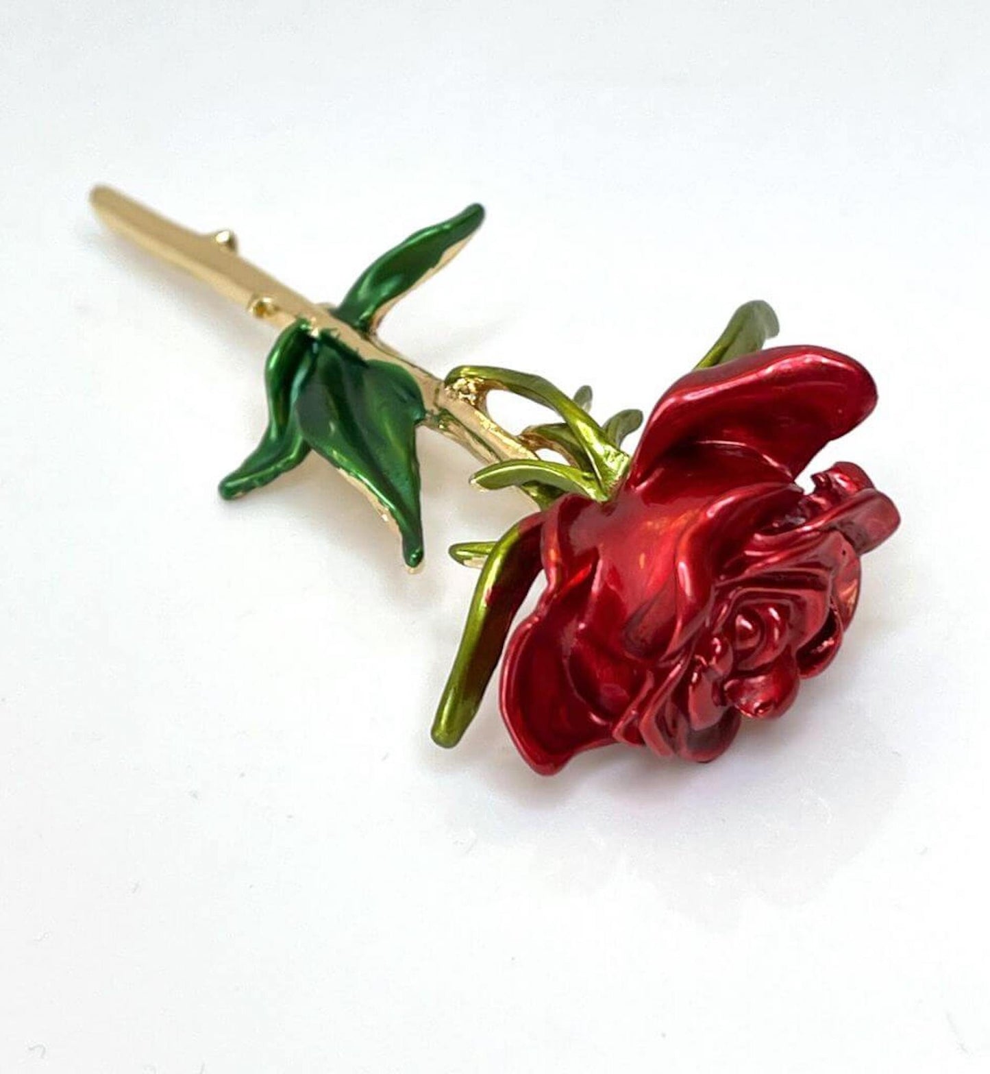 Single Red Open Rose Brooch, Red Silver Rose with Green Leaves, Flower Jacket Pin, Brooches For Women