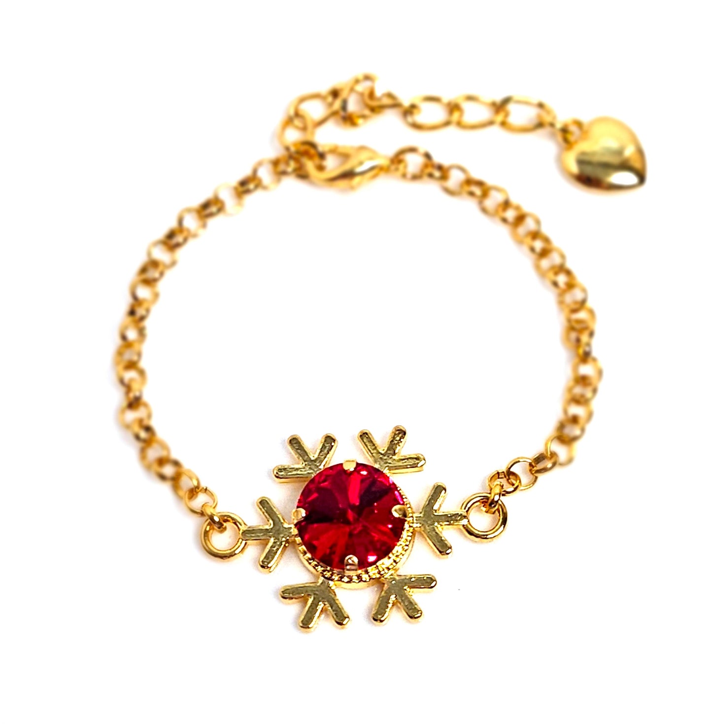 Snowflake Red Crystal Bracelet, Gold Plated, Austrian Crystal Chain Bracelet, Adjustable Length, Christmas Gift for Her, Bracelets for Women