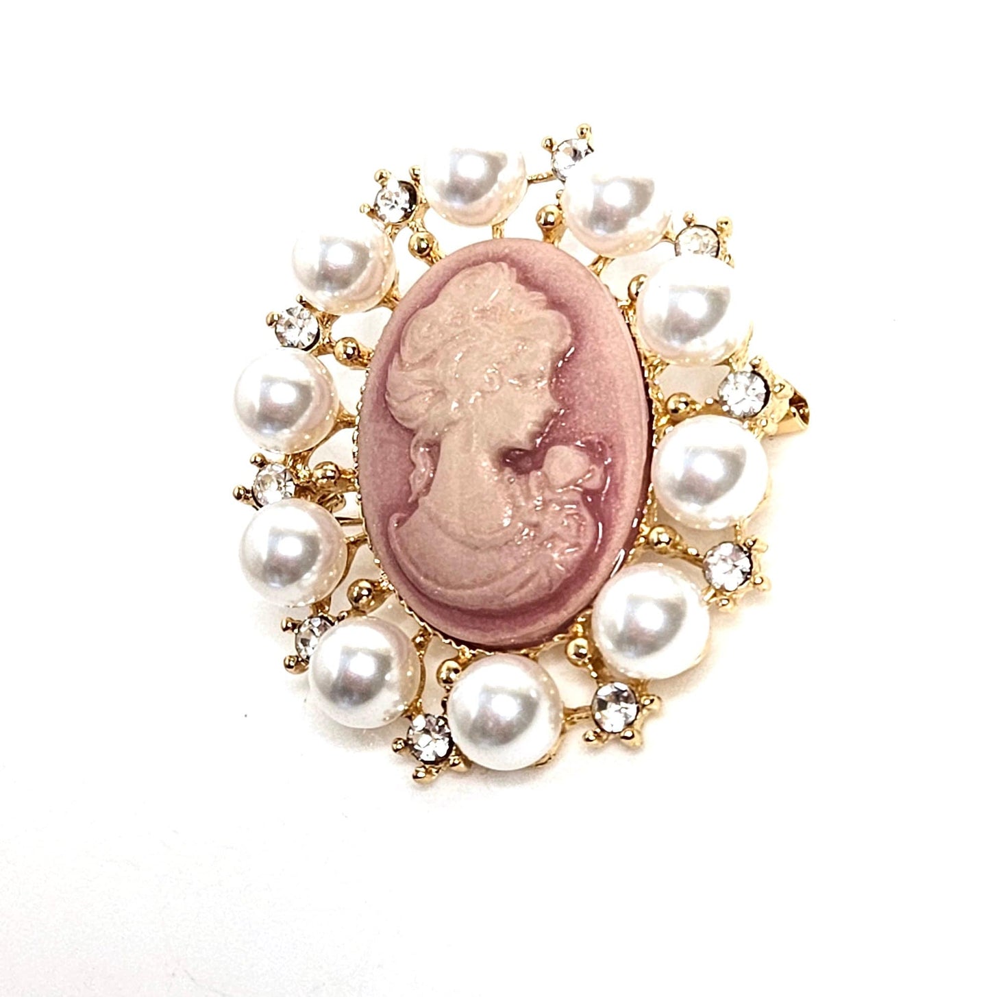 Gorgeous Pink Gold Cameo Brooch, Victorian Pearl Lady Brooch, Crystal Jewelry, Stylish Cameo Pin, Brooches For Women
