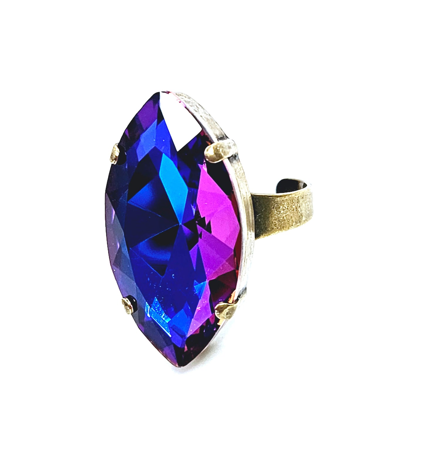 Large Violet Blue Crystal Ring, Large Purple Blue Statement Ring, Antique Brass, Georgian Collet, Vintage Style, Rings For Women, Dark Red Navette