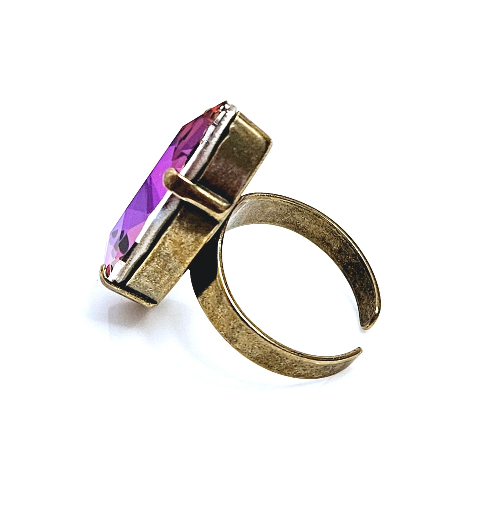 Large Violet Blue Crystal Ring, Large Purple Blue Statement Ring, Antique Brass, Georgian Collet, Vintage Style, Rings For Women, Dark Red Navette